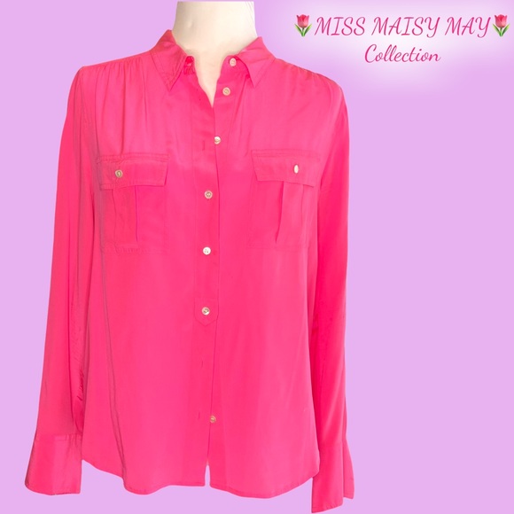 J. Crew, 100%SILK, Hot Pink, Sz 12, Button-up top in eye catching pink - Picture 2 of 11
